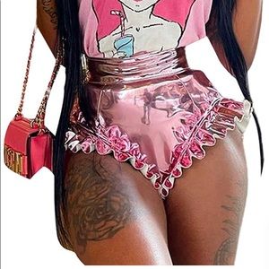 Women Sexy Shiny Metallic Shorts High Waist with Ruffle Trim.